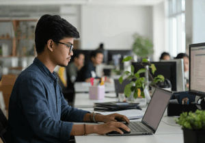 Philippine person in an office space with various other people in the background working at their desks during the day