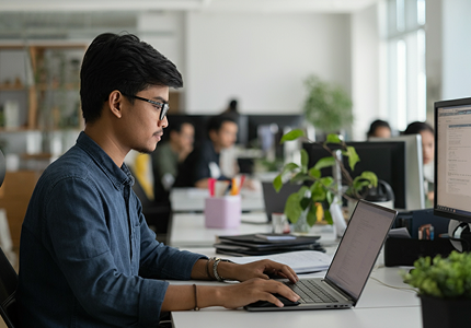 Philippine person in an office space with various other people in the background working at their desks during the day